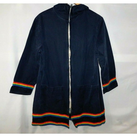 Vintage Grenfill Handicraft Blue Rainbow Trim Hooded Jacket Cotton Womens M / L - Picture 9 of 10